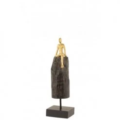LANADECO Bustes Et Statues Personnage Assis Bois De Manguier Noir Et Aluminium Or H35,5cm
